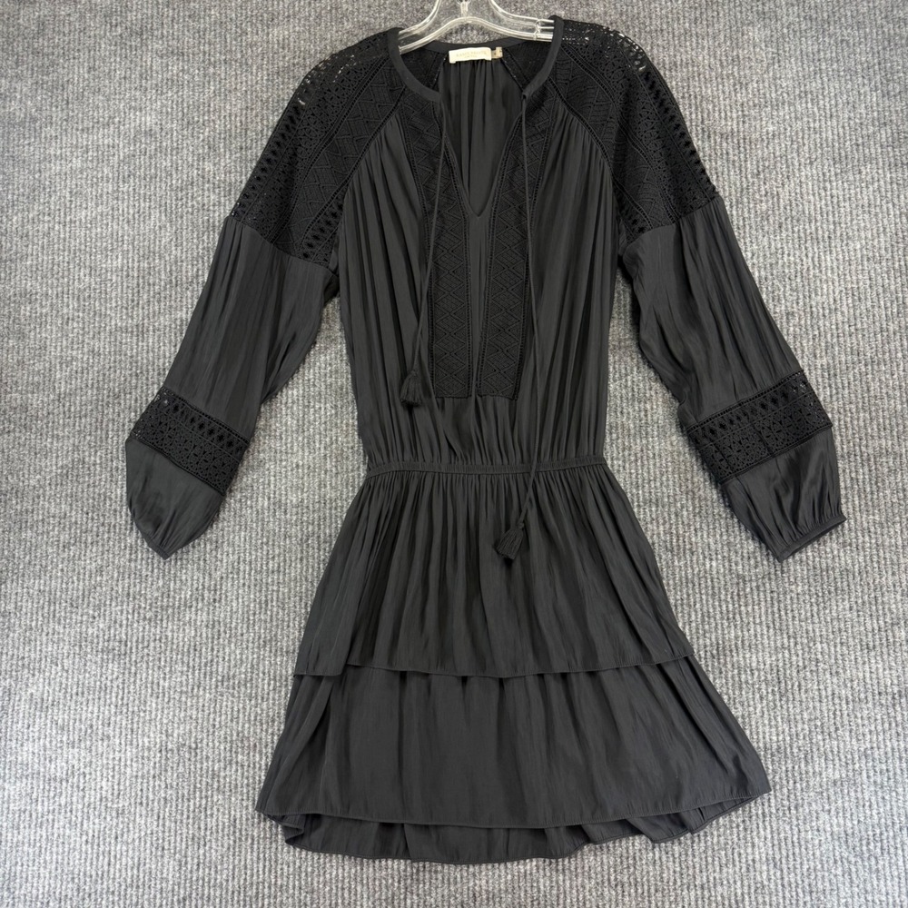 Ramy Brook Black Crochet Lace Tiered Mini Dress Long Sleeve Tassel Tie Medium